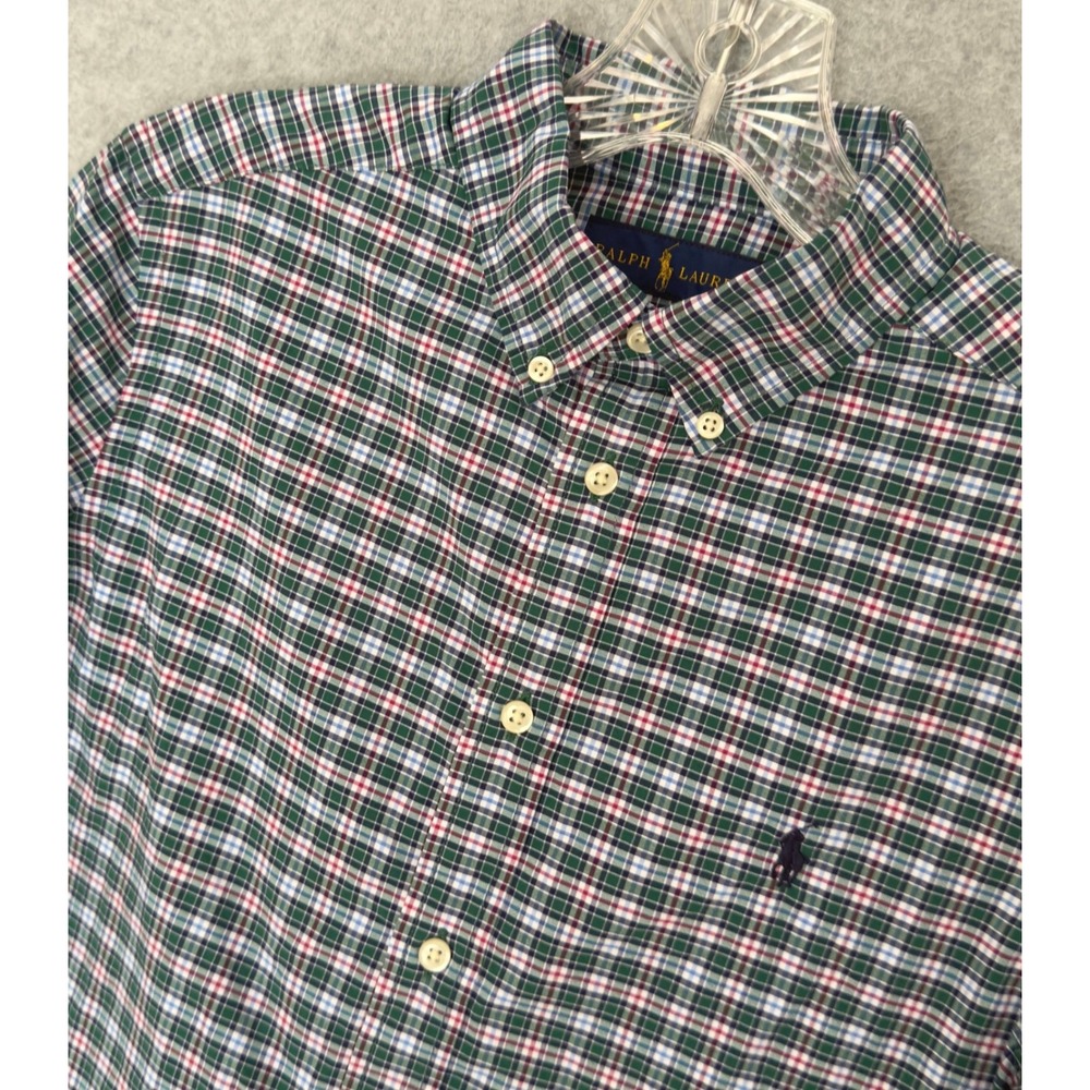 Ralph Lauren Button Down Shirt Boys L 14-16 Green Plaid Performance Long Sleeve
